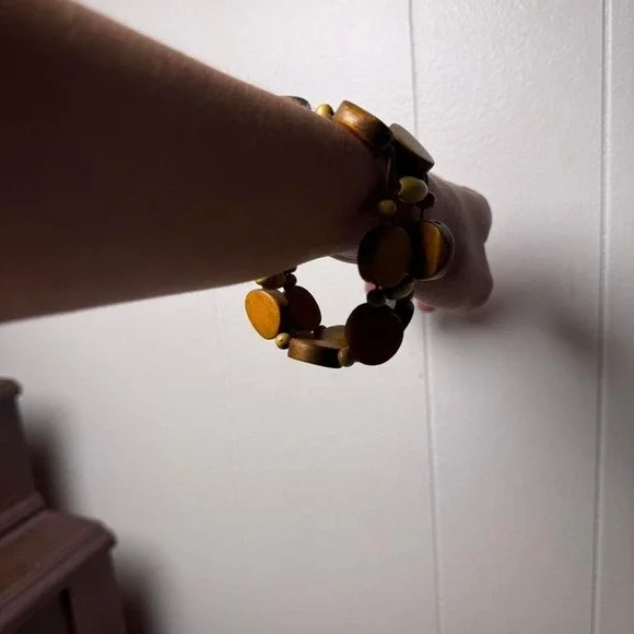 Boho Wooden Disc Stretch Bracelet Earthy Brown Olive Green Beaded Statement - Picture 5 of 8